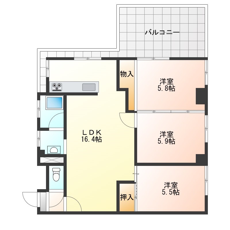 長崎市西小島2丁目売中古マンション★3階建ての最上階角部屋!駐車場軽自動車1台付(無料高さ制限180cmまで)、広々としたバルコニー、ペット飼育可能、空家となっておりますので内覧可能です。