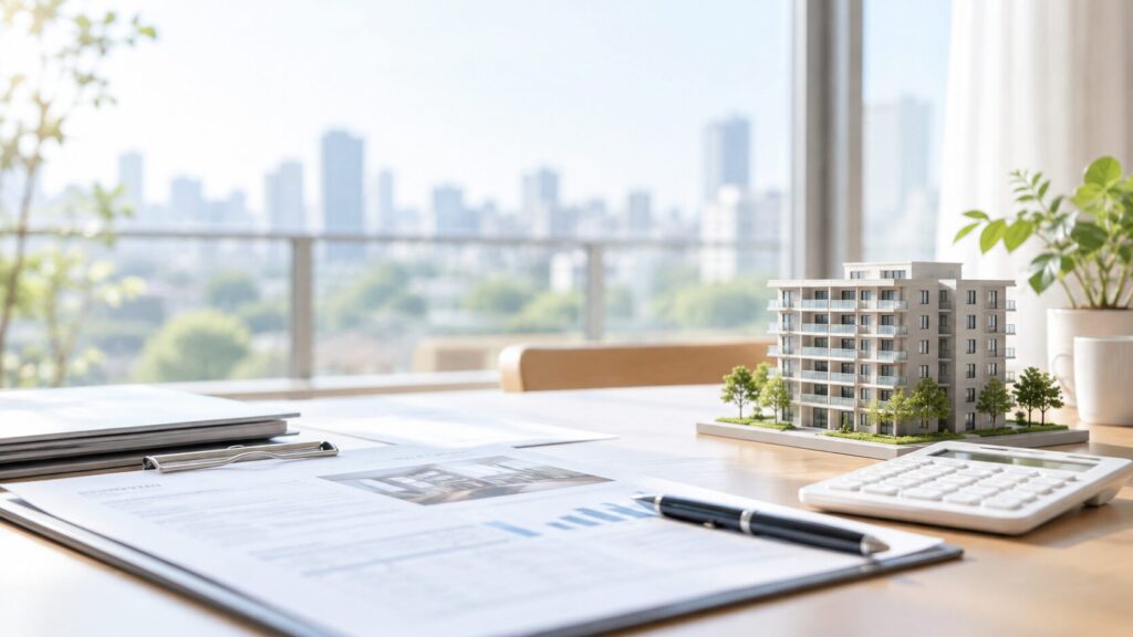 机の上のマンションの模型と査定書類